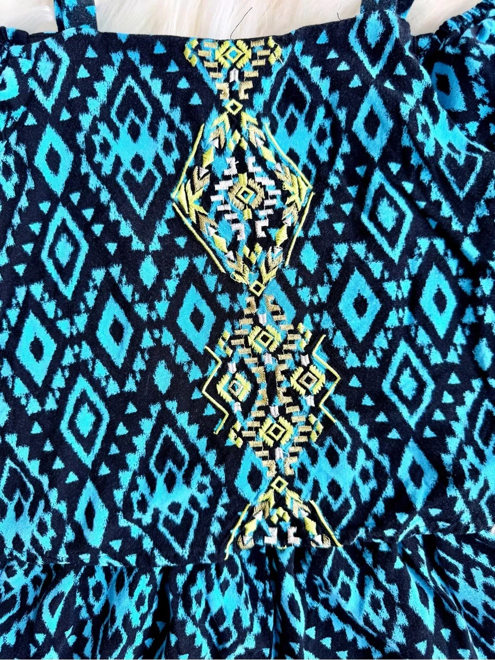 Justice Blue Geometric Off-Shoulder Romper with Embroidered Front Size 10 (L)